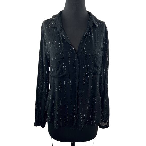 BELLA DAHL Black/White Top Polka Dot Button-Up Collar Front Pocket Long Sleeve M - Picture 1 of 8